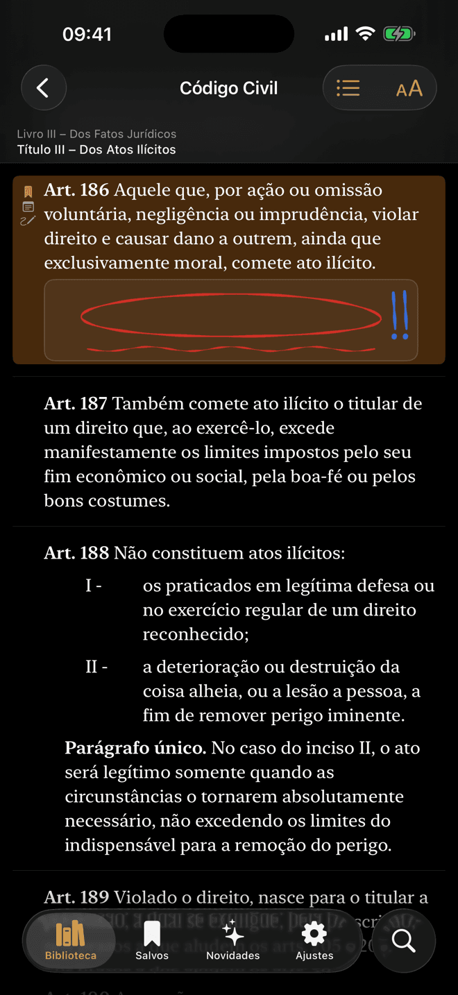Leitor em tema escuro com uma nota à mão sob o art. 186 do Código Civil.